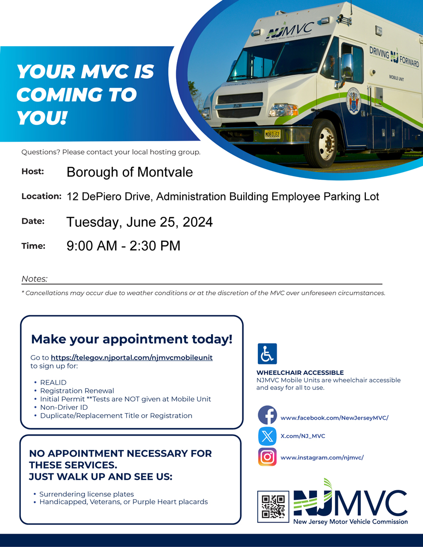Mobile Unit Coming to Montvale Flyer. Click to open an OCR scanned PDF version of this flyer.
